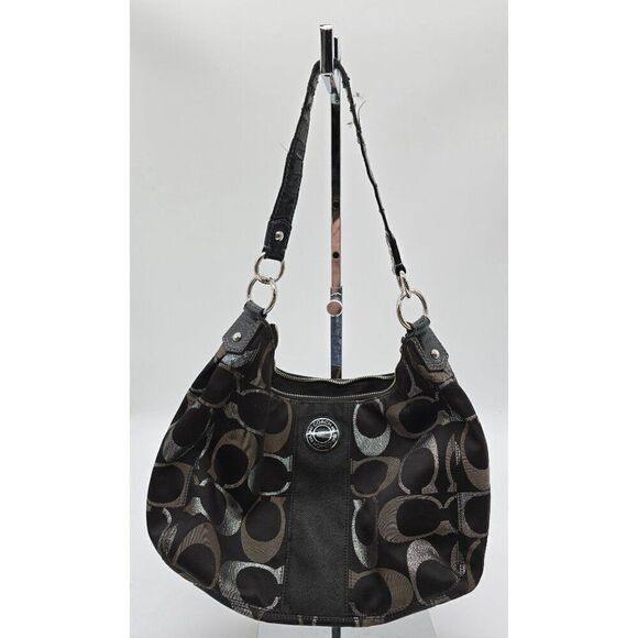 Coach Hobo Shoulder Bag Black/Brown Signature C Print Leather & Canvas Handbag - Picture 1 of 8